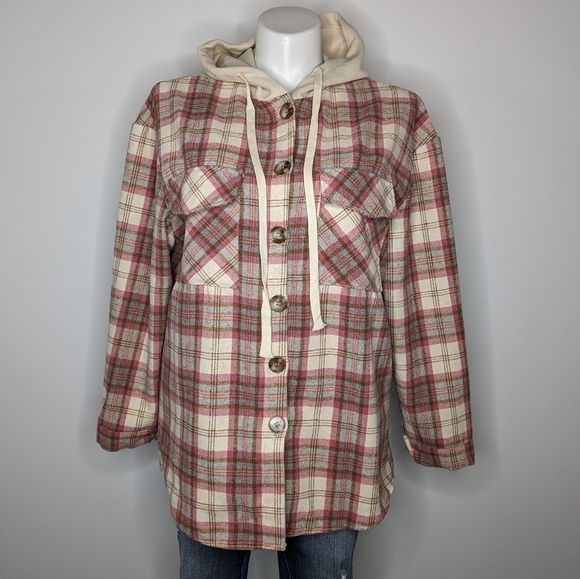 Blushing Brunette tan cream pink plaid button up hoodie jacket XL - Picture 1 of 10